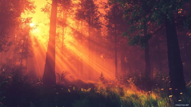 A dense forest clearing illuminated by a PC sunset wallpaper, rays filtering through the trees.