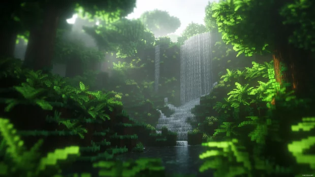 A dense forest with a hidden waterfall in ultra wallpaper format.