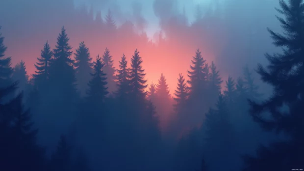 A dense forest with towering evergreens and a glowing mist rising from the ground.