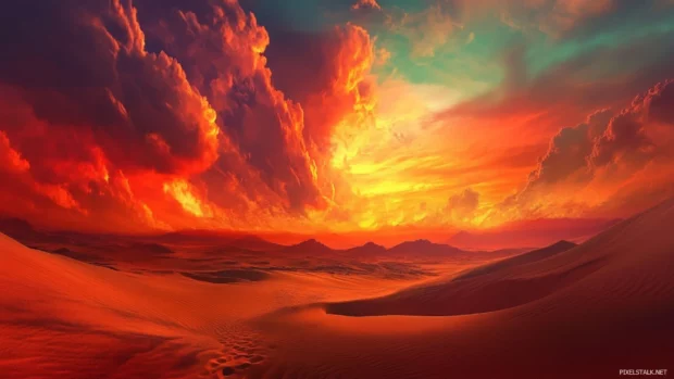 A desert landscape under a dramatic sunset, the sky ablaze with color.
