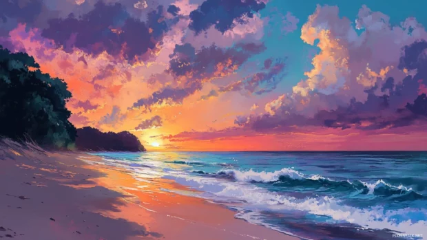 A deserted beach at dusk, waves gently rolling in under a colorful sunset sky.