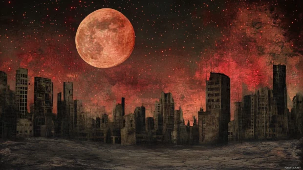 A desolate city sleeping under silent red stars.