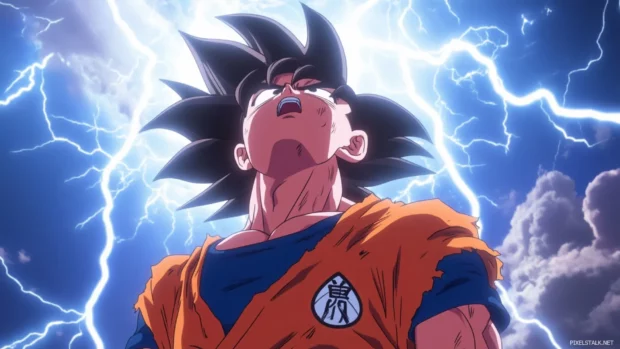 A detailed Goku Wallpaper HD where Goku powers up under a cracked sky with lightning everywhere.