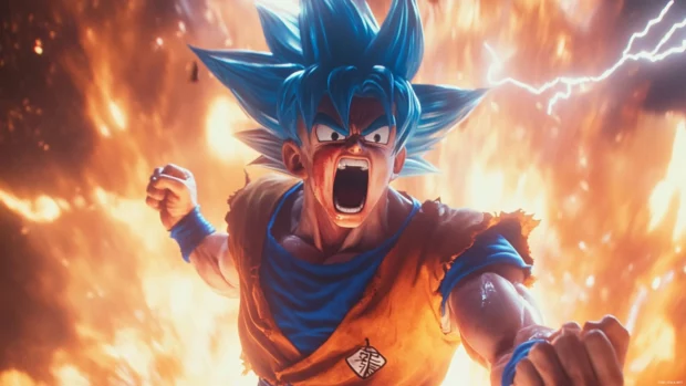 A detailed Goku super saiyan wallpaper showing Goku screaming as lightning swirls and his power level spikes.