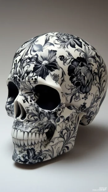 A detailed black and white skull with intricate floral patterns carved into the surface, blending gothic and botanical elements.