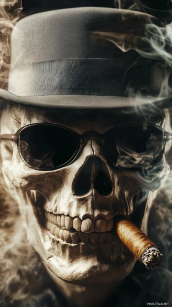 A detailed gangster skull wearing a fedora with a bullet hole, dark sunglasses, and a cigar, surrounded by shadowy smoke.