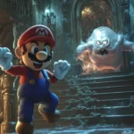 A detailed scene of Mario battling King Boo in a haunted mansion, a challenging Super Mario encounter.