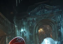 A detailed scene of Mario battling King Boo in a haunted mansion, a challenging Super Mario encounter.