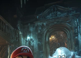 A detailed scene of Mario battling King Boo in a haunted mansion, a challenging Super Mario encounter.