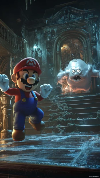 A detailed scene of Mario battling King Boo in a haunted mansion, a challenging Super Mario encounter.