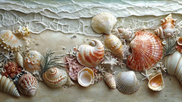 A detailed seashell arrangement on the shore, making summer desktop wallpaper visually appealing.