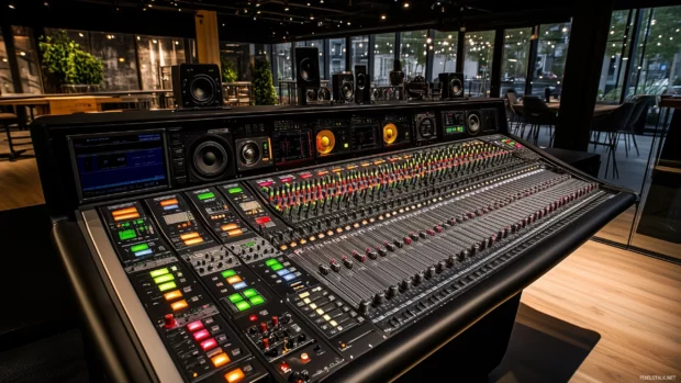 A detailed shot of a modern mixing console with colorful faders and buttons, surrounded by monitors and audio equipment in a sleek, dimly lit studio.