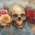 A detailed skull surrounded by vibrant roses and peonies, blending dark and soft colors, with a misty, ethereal background.