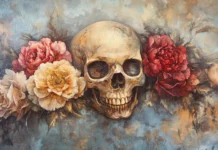 A detailed skull surrounded by vibrant roses and peonies, blending dark and soft colors, with a misty, ethereal background.