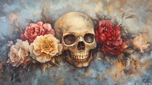 A detailed skull surrounded by vibrant roses and peonies, blending dark and soft colors, with a misty, ethereal background.