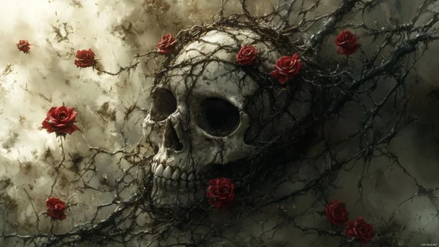 A detailed skull wrapped in thorny rose vines, with deep red roses blooming around it, against a dark, dramatic background.