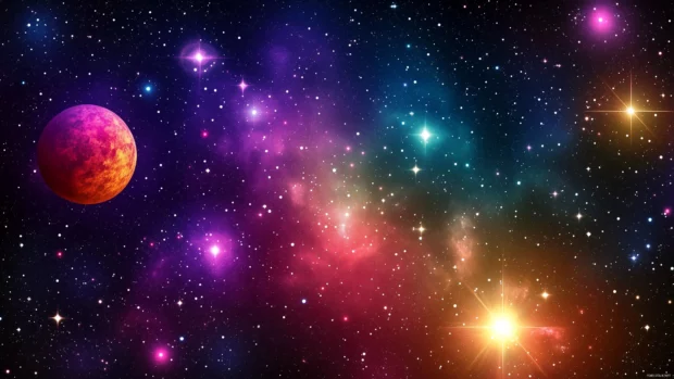 A detailed synthwave skyline with shimmering stars, glowing constellations, and a retro style space station.