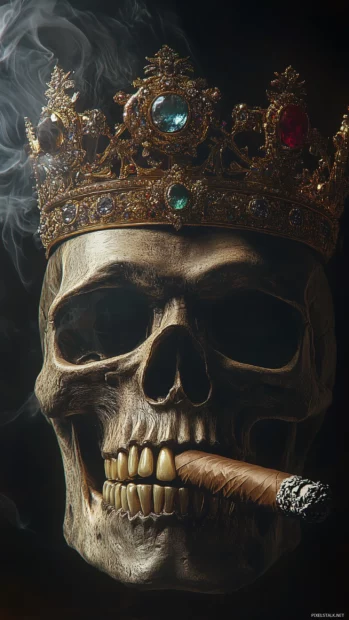 A detailed vector art skull wearing a gold crown with embedded jewels, smoking a cigar, with a fierce and confident expressionr.