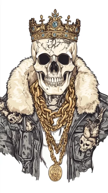 A detailed vector skull with a jeweled crown, wearing a fur lined coat with golden chains, giving a regal yet rebellious look.