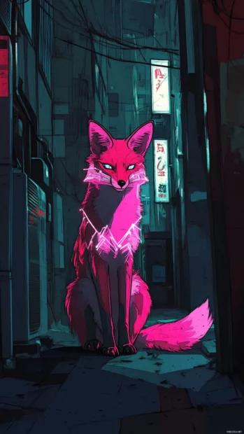 A digital fox with neon outlines sitting by a dark alley in cyber Tokyo.
