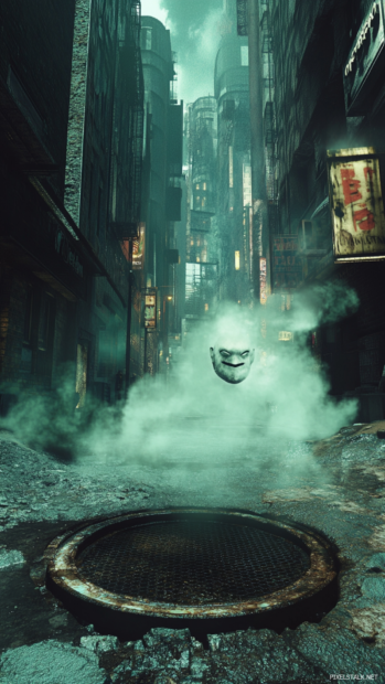 A digital mask floats above a steaming manhole in the heart of the megacity.