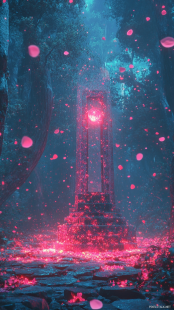 A digital shrine emits holographic petals in a quiet neon forest.