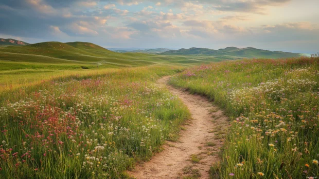 A dirt trail meanders through rolling meadows and wildflowers.