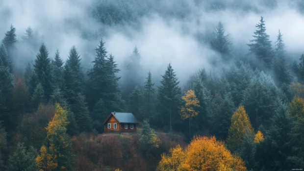 A distant cabin peeks through the trees in a foggy morning forest.