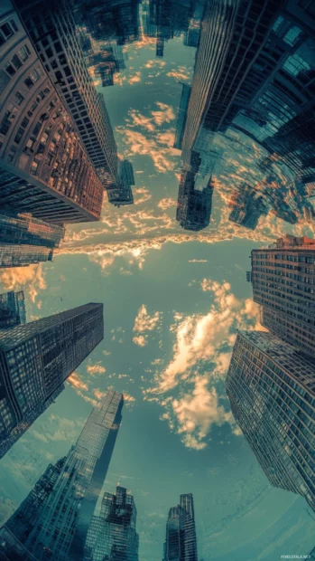 A distorted cityscape viewed through a fish eye lens, a unique Trippy Vintage backdrop for iPhone.