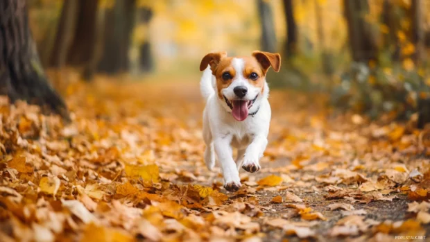 A dog walking on a leaf covered path in the countryside.
