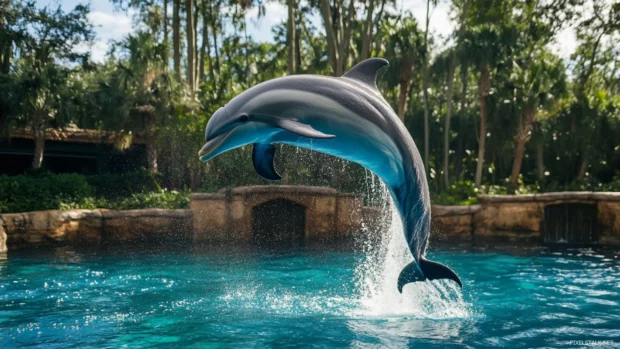 A dolphin leaping from turquoise waters on a sunny day.