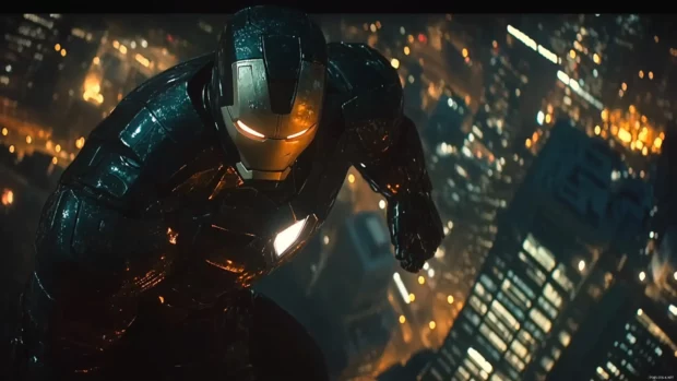A dramatic close up of Iron Man Mark II glowing in twilight city lights.
