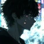 A dramatic close up of the Anime Hacker, framed by flickering lights and vapor trails.