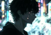 A dramatic close up of the Anime Hacker, framed by flickering lights and vapor trails.