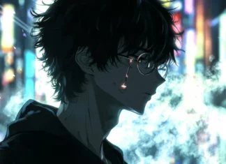 A dramatic close up of the Anime Hacker, framed by flickering lights and vapor trails.