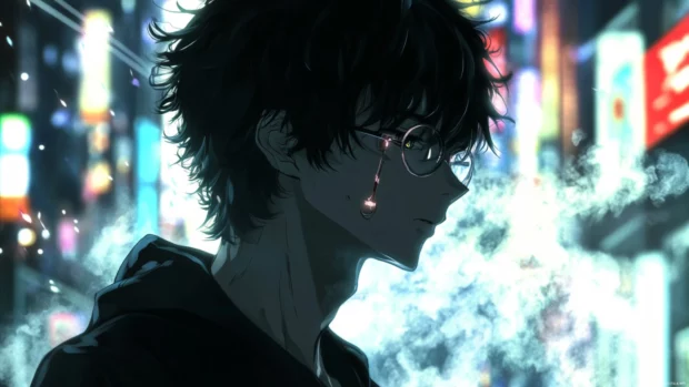 A dramatic close up of the Anime Hacker, framed by flickering lights and vapor trails.