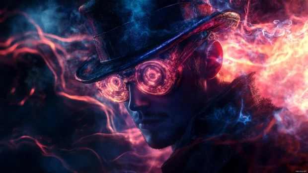 A dramatic close up of the Circuit Sorcerer, framed by flickering lights and vapor trails.