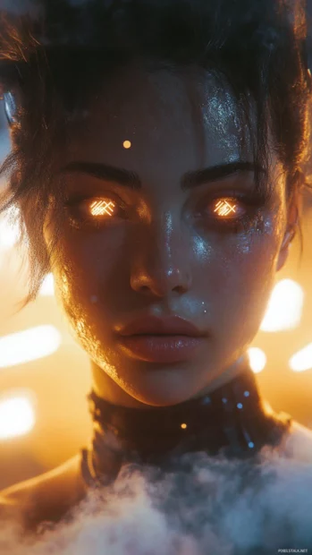 A dramatic close up of the Cyberpunk Dancer, framed by flickering lights and vapor trails.
