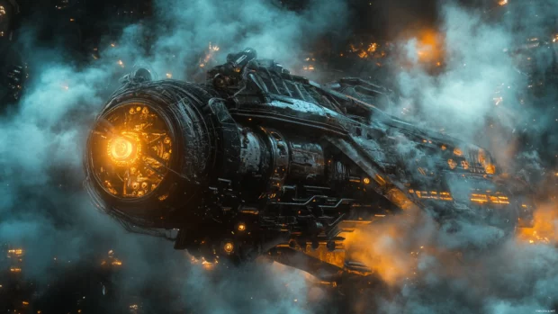 A dramatic close up of the Cyberpunk Mecha, framed by flickering lights and vapor trails.