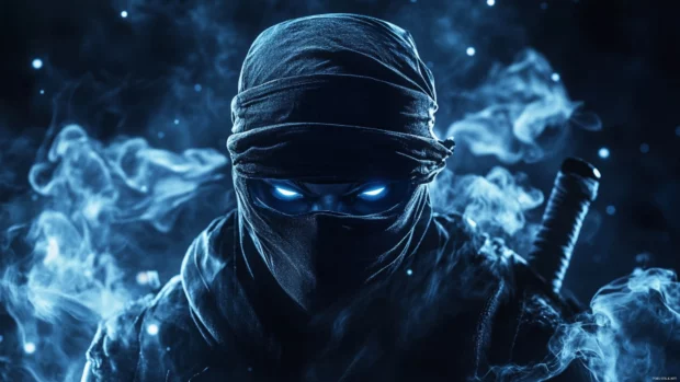 A dramatic close up of the Hologram Ninja, framed by flickering lights and vapor trails.