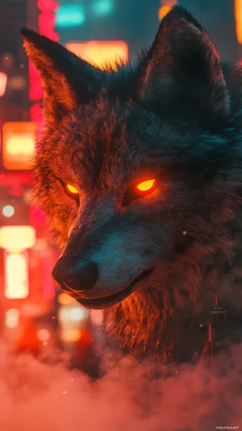 A dramatic close up of the Neon Wolf, framed by flickering lights and vapor trails.
