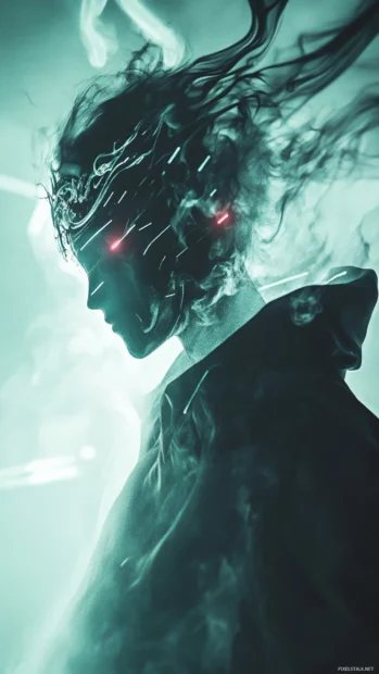 A dramatic close up of the Shadow Coder, framed by flickering lights and vapor trails.