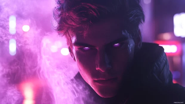 A dramatic close up of the Virtual City Rebel, framed by flickering lights and vapor trails.