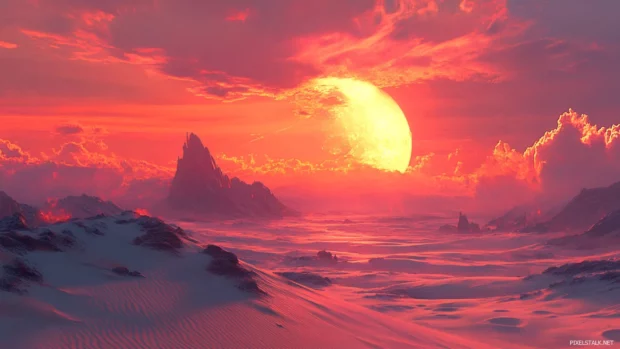 A dramatic desert landscape with sand dunes and a glowing sunset horizon.