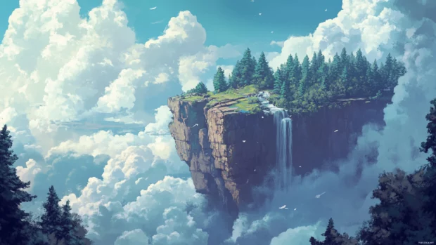 A dramatic forest cliff view with clouds drifting through treetops.