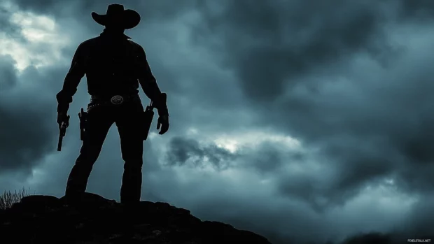 A dramatic image of a cowboy silhouetted on a rocky ridge, his hand resting on a holstered revolver as storm clouds gather in the distance.