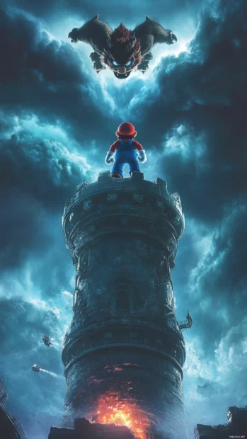 A dramatic moment as Super Mario stands atop a tower with Bowser flying in from above.