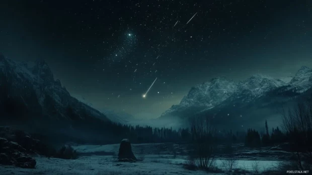 A dramatic starry night with shooting stars streaking across a black sky, illuminating the night with their bright trails, set against a mountainous landscape.