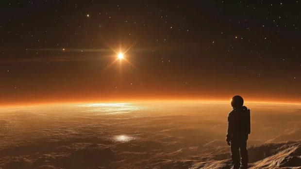 A dreamlike Astronaut in Space Wallpaper showing a lone figure gazing at a dying star, designed for cinematic desktop screens.