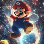 A dreamlike Mario Galaxy Wallpaper showing Mario surrounded by dancing star bits and moons.